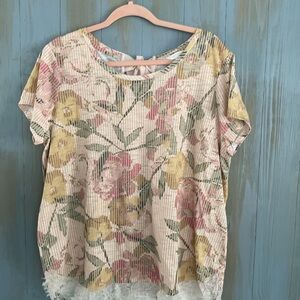 LAUREN CONRAD BOW BACK TOP BLOUSE LACE EDGED HI LO HEM SZ XXL